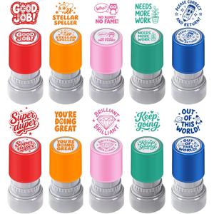 10PCS Round Teacher Stamps for Classroom-No Ink, Self-Inking Rubber Stamp for Grading Homework Behavior Stamp for Office Stationery Word Encouraging Comments Reward Supplies