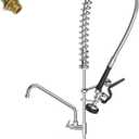 Commercial Sink Faucet with Sprayer 36"Height 8"Center Brass Constructed Wall Mount Commercial Kitchen Faucet with Pull Down Pre-Rinse Sprayer and 12" Swing Spout for 2/3 Compartment Sink(36")