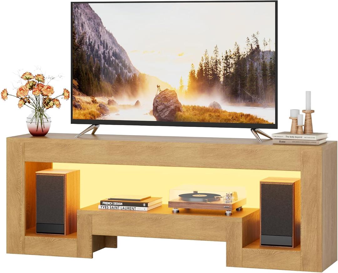 JUSTOGO Modern TV Stand for 65 Inch TV, Wood Entertainment Center with LED Lights, TV Console with Large Open Storage for Living Room Bedroom, 54" TV Table Media Console, Natural, 54"W x 11.8"D