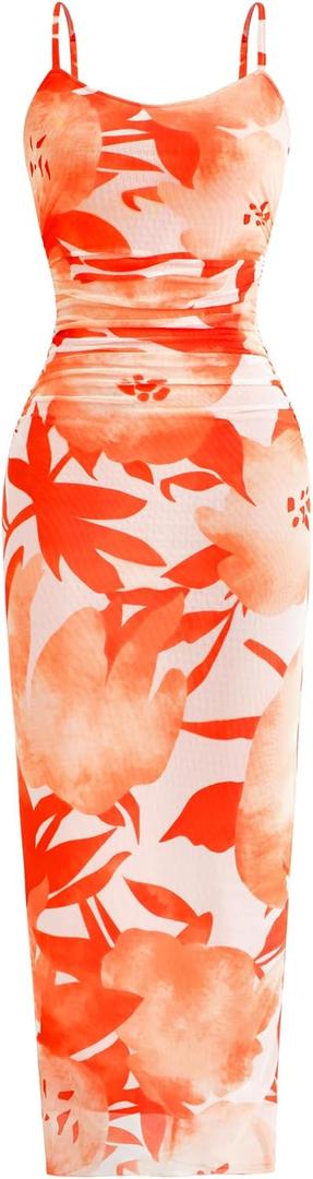 PRETTYGARDEN Summer Wedding Guest Dresses for Women 2026 Spaghetti Strap Mesh Bodycon Beach Vacation Floral Maxi Long Dresses (Medium, Floral Light Orange)