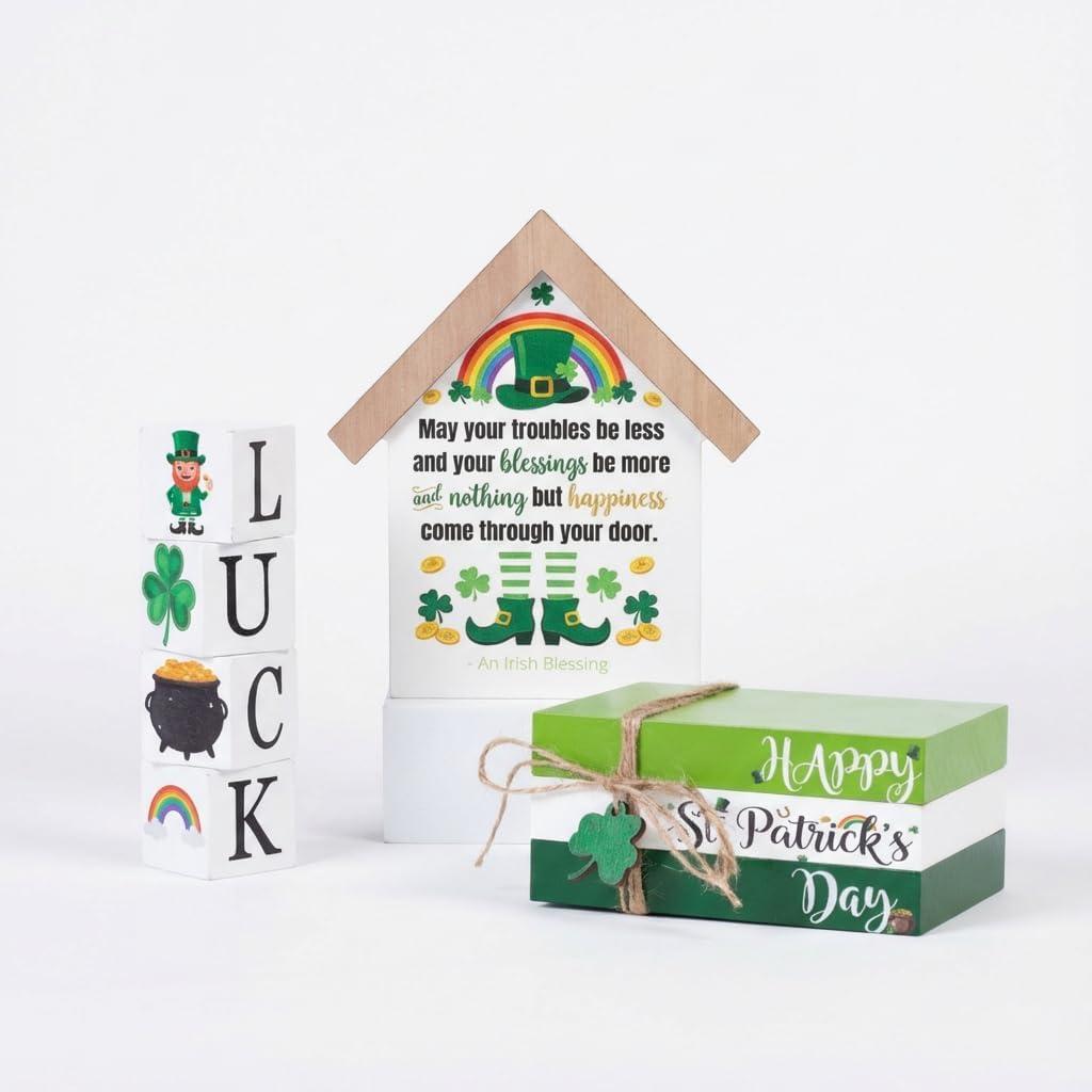 6PCS St. Patrick's Day Tiered Tray Decor Set - Shamrock LUCK Blocks, Happy St. Patty's Day Book Stack & Holiday Signs for Home Table Shelf Decor (Green)