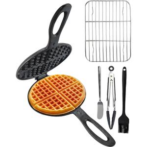 Cast Iron Waffle Maker Stove Top Bundle (5-Pieces) for Camping Grill or Stove Top