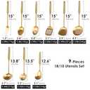 Gold Kitchen Utensils Set - Stainless Steel Cooking Tools, 15" All Metal Serving Utensils with Fork, Solid/Slotted Spoon, Spatula, Ladle, Skimmer, Tunner, Pasta Spoon, Large Spoon, Set of 9