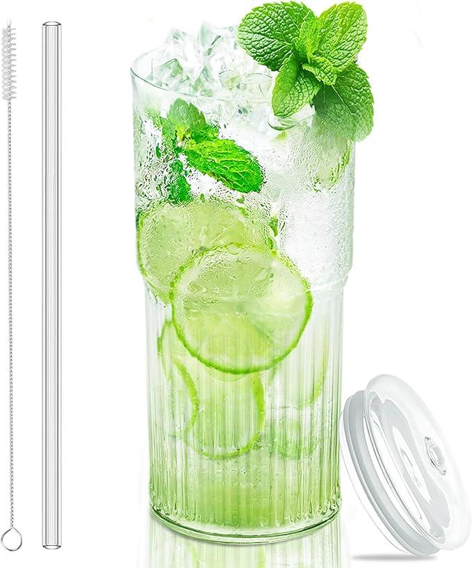 Glass Cups with Lids and Glass Straws, High Borosilicate 20OZ Tumblers for Coffee, Tea, Juice, Smoothies, Hot/Cold Drinks at Home, Office, Pack of 1