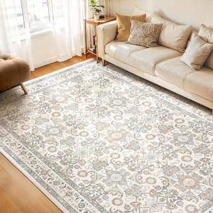 WITSHOCK Living Room Area Rugs 9x12: Soft Non-Slip Backing Washable Rugs Vintage Large Carpet for Bedroom Office Dining Room Kitchen Stain Resistant Home Decor RugCamel