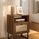 Rattan Nightstand, Boho Night Stand Farmhouse Wood Bedside Table with Storage and Open Shelf, End Side Accent Table for Bedroom,Living Room,Walnut (Normal)