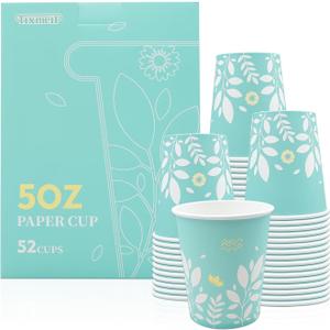 5 oz Disposable Paper Cups 52 Pack Leaf Design Small Bathroom & Mouthwash Cups, BPA-Free Food Grade (Green)