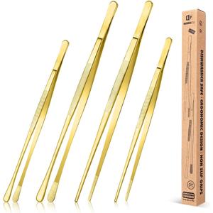 4 Pcs Fine Long Tweezer Tongs Professional Gold, 12'' and 10'' Stainless Steel for Kitchen, Food, Cooking, Repairing, Sea food and BBQ