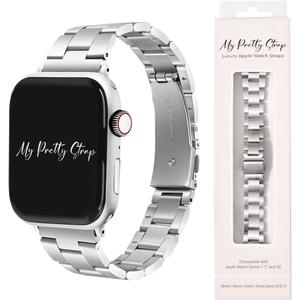 My Pretty Strap - Compatible Apple Watch Band Strap, Stainless Steel Fashion iWatch Replacement Strap- Easy Resizing, No Tool Needed, Fits Most Wrists- Compatible with Series 1-11, SE and Ultra