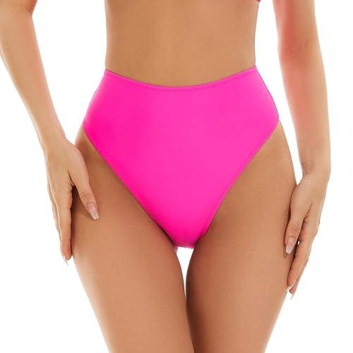 Kepblom Women's High Waisted Bikini Bottom - High Cut Cheeky Rave Bottoms for Beach, Swimming Pool, Rave Festivals, HotPink, M