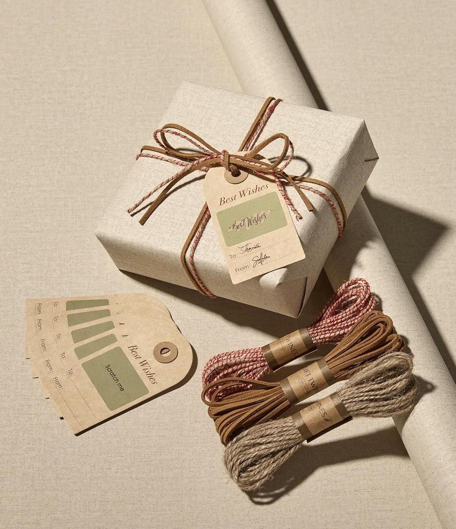 Vitalizart Textured Wrapping Paper Set 30" Roll Twine Ribbons & Tags Eco-Friendly Extra Thick All-in-One Kit Christmas Kraft Gift Wrap Birthday Baby Shower Wedding Crafts Beige Light Brown