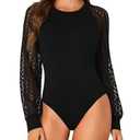 LYANER Women's Crew Neck Bodysuit Lace Hollow Out Long Sleeve Slim Fit Stretchy Leotards Tops Solid Black Medium