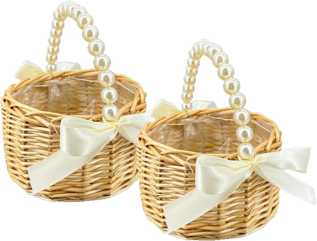 Wicker Rattan Flower Girl Basket with Bows 2pcs/pack,Pearl Handle Flower Basket,for Wedding and Home Decorations.