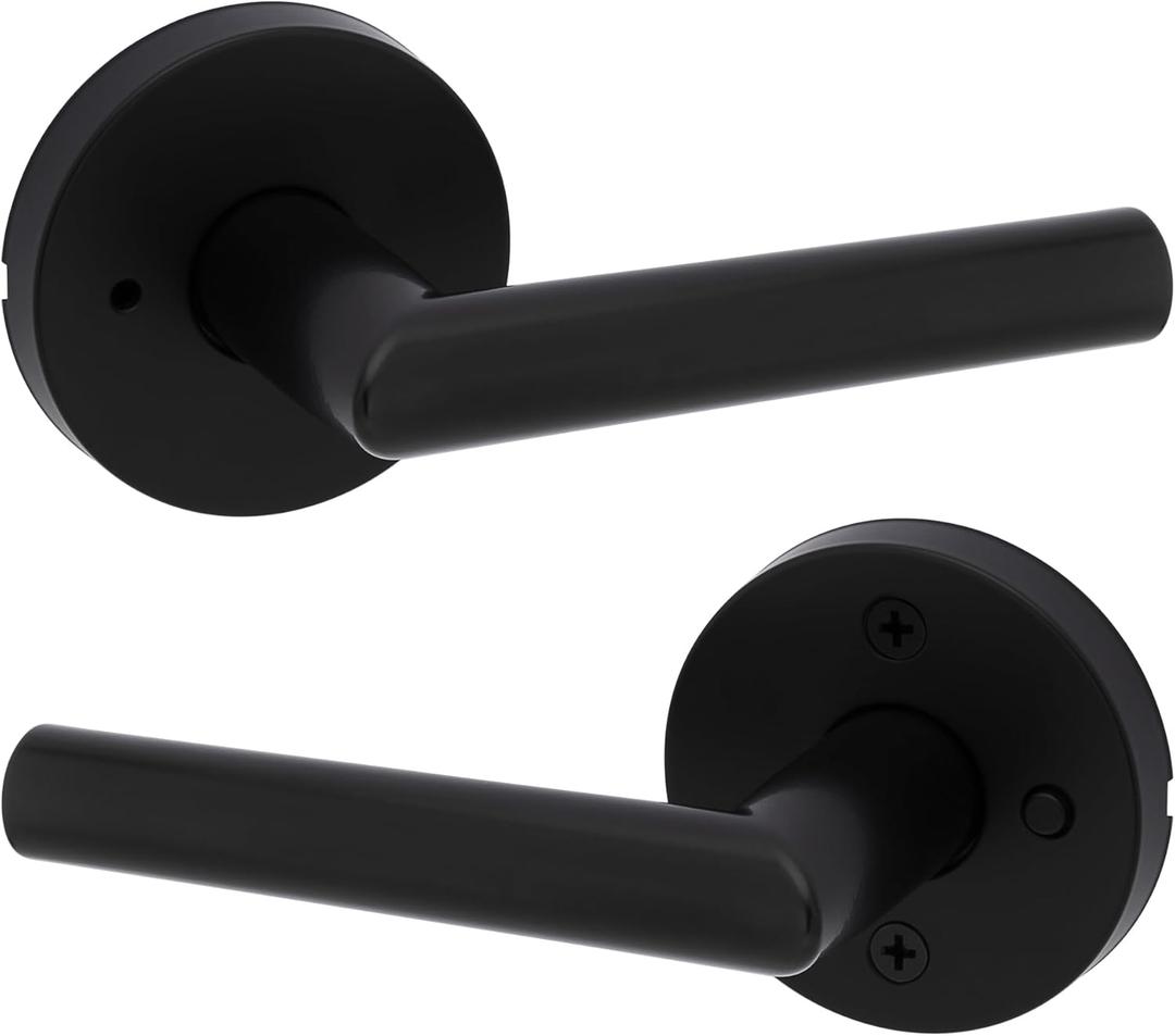 Kwikset Milan Interior Privacy Door Handle with Lock, Door Lever For Bathroom and Bedroom, Matte Black Reversible Keyless Push Button Lock Door Lever