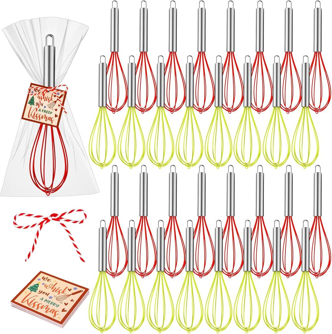 Acellegic 24 Sets 10 Inch Christmas Whisks Supplies Gifts Sets, Includes Silicone Whisks, Greeting Cards, Ribbons, Plastic Bags DIY Fillable Christmas Tree Ornaments for Xmas Cooking Supplies Gift