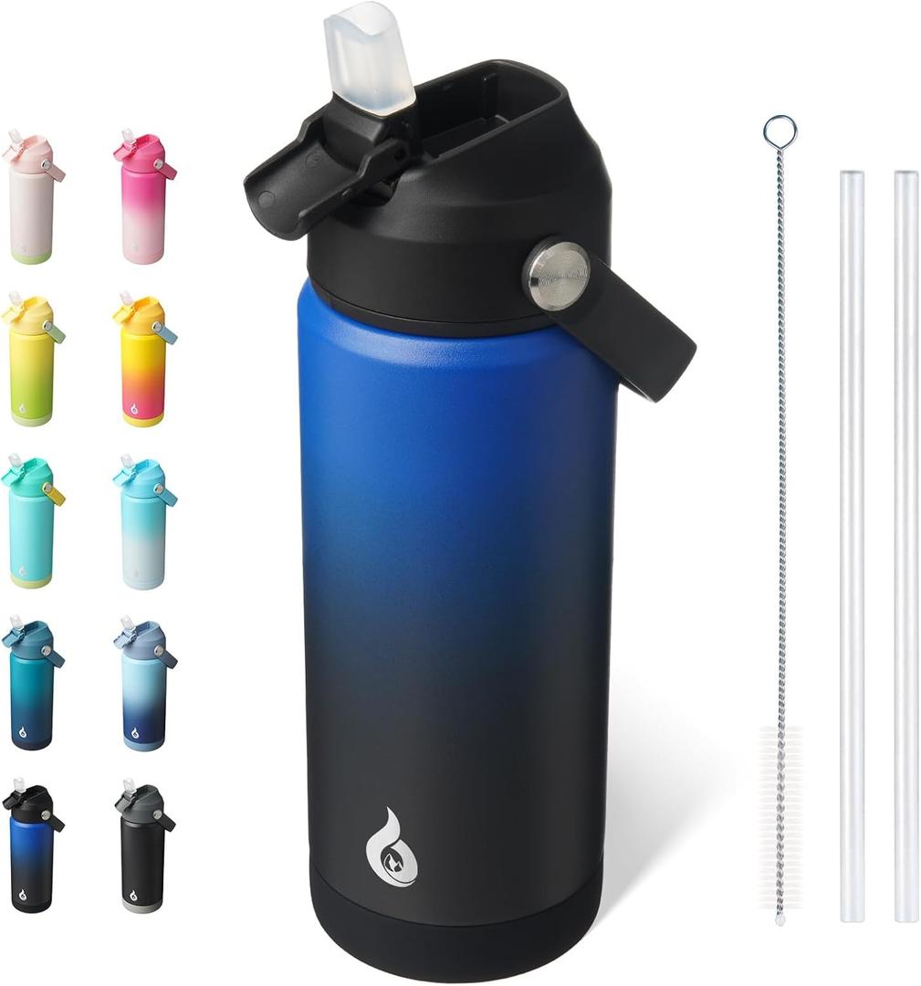 BJPKPK Insulated Water Bottle with Straw Lid, 18oz Thermo Water Bottles, Flex Handle & Non-slip Boot, BPA Free Leak Proof Stainless Steel Metal Thermo, Tumblers, Cups, Black Blue
