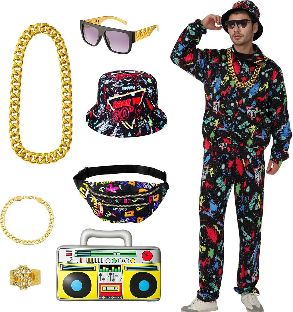 9pcs 80s 90s Outfit for Men 80s Costumes Rapper Track Suits with Hip Hop Accessories for 90s Themed Party (XL)