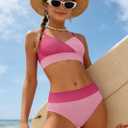 Girls Swimsuit V Neck Bikini Set Color Block with Cover Up 3Pcs Bathing Suits (Pink, 13-14Y)