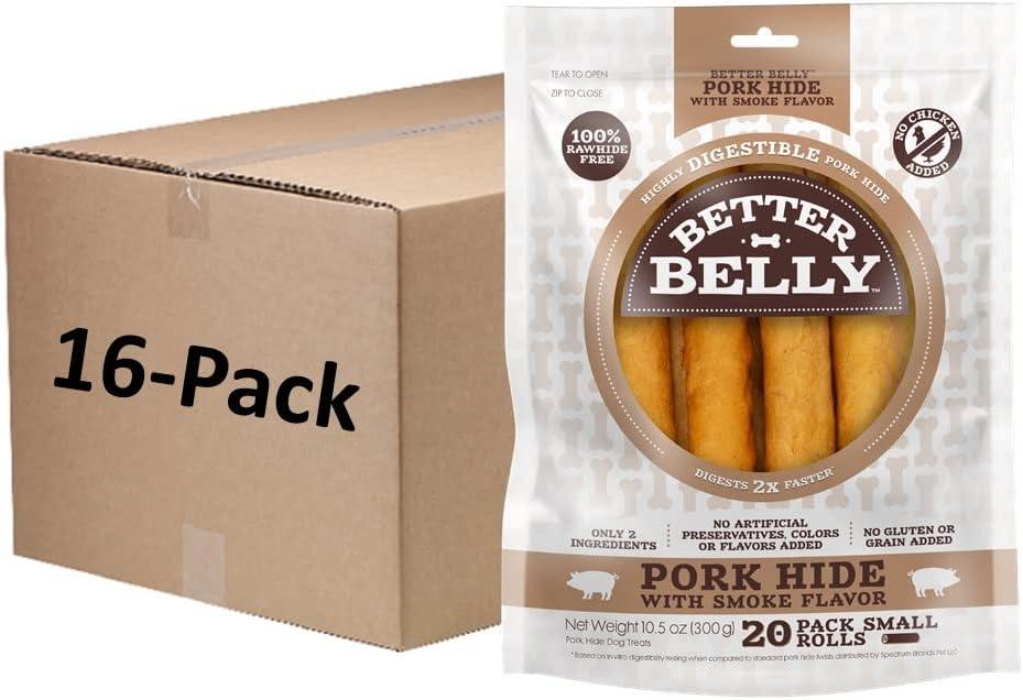 Better Belly Pork Hide Rolls with Smoke Flavor Small, 20 Count, Digestible Pork Hide for Dogs BB: 06/19/2028