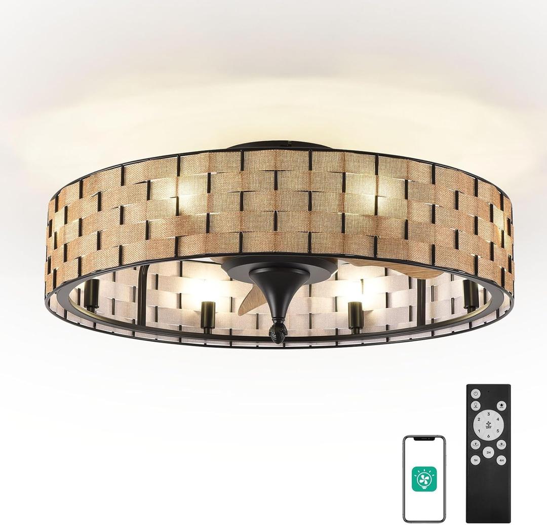 Orison 24" Caged Ceiling Fan with Lights, 2 Ways Control(App&Remote Control), Light Kit Included(8 Bulbs), Modern Farmhouse (Flush Mount)