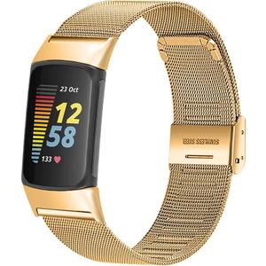 FitTurn Slim Band for Fitbit Charge 6/Charge 5 SmartWatch, Mesh Stainless Steel Adjustable Watchband Feminine Strap Replacement Accessory Strap for Charge 6/Charge 5 Fitness & Health Tracker (Gold)