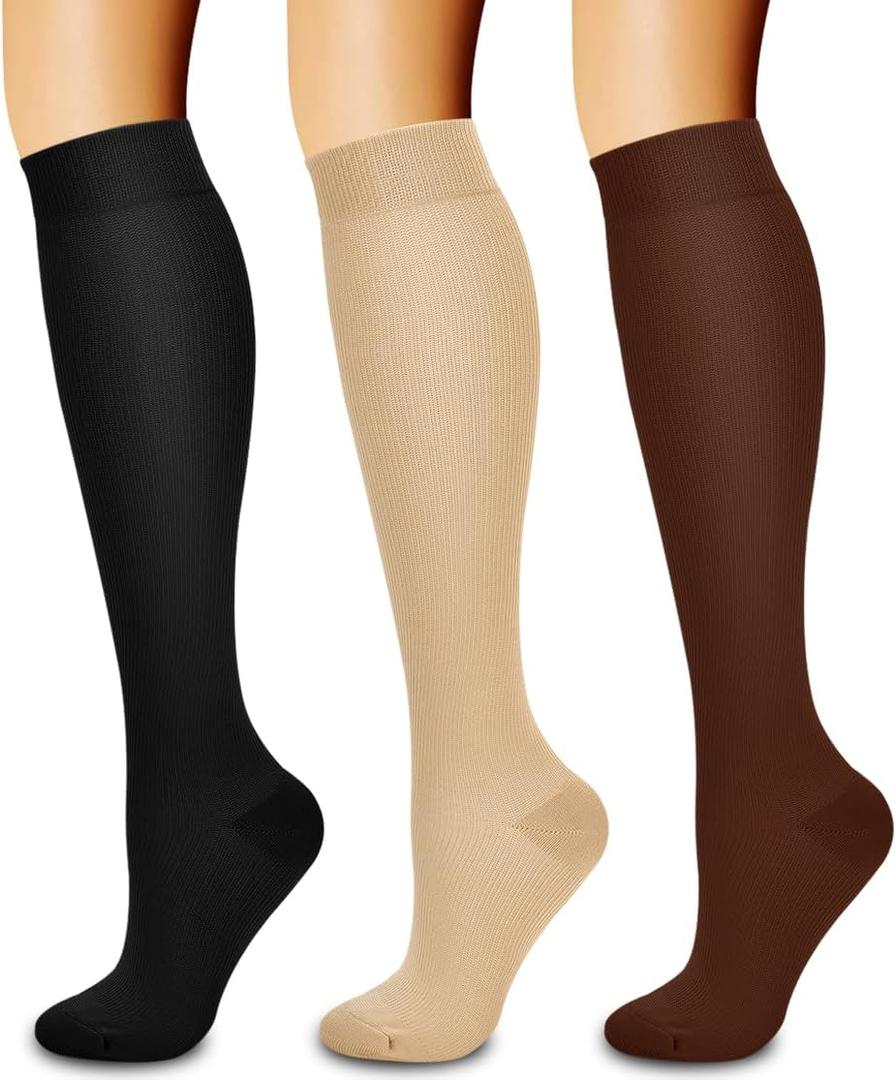 Laite Hebe 3 Pack Compression Sock-Compression Sock For Women and Men Circulation -Best for Running,Athletic Sports (Large-X-Large, 13-Black+Nude+Brown)