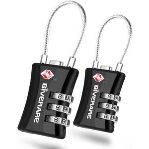 2 Pack TSA Approved Luggage Locks, Cable Suitcase Travel Lock Alloy, Set Your Own Combination Metal Zipper Padlock, 3-Digit Long Shackle Padlocks for Gym Locker, Golf Bag, Case Anti Theft-Black