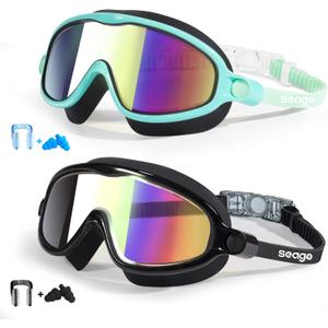 Seago Swim Goggles 2 Pack Anti-Fog Anti-UV Wide View Swimming Goggles for Kids 3-14