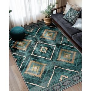 Area Rug 5x7 Rug Machine Washable Non-Slip Low Pile Print Pattern Western Rug for Living Room Bedroom Entryway Tribal Series -Teal/Green