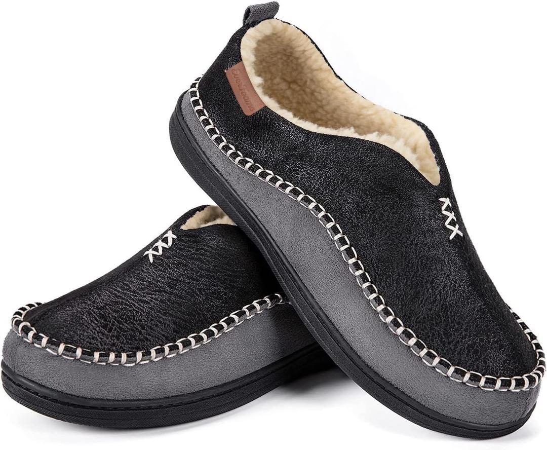 EverFoams Men's Moccasin Slippers Memory Foam Indoor/Outdoor Warm Suede House Shoes with Fuzzy Sherpa Lining (8, Black)