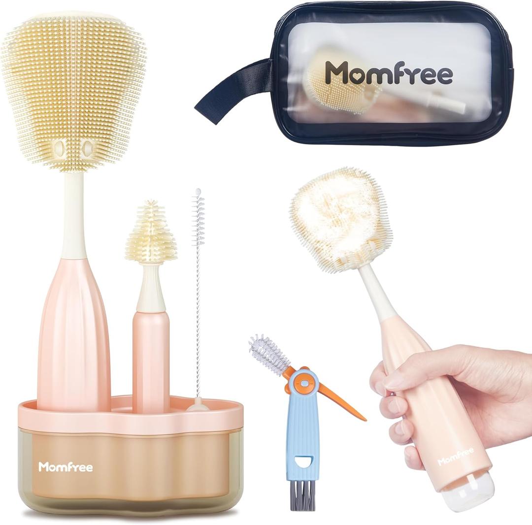Baby Bottle Brush Set, Push-Press Baby Bottle Cleaner Brush Can Generate Foam - Travel Cleaner Brush for Baby Bottles, Breast Pumps, Nipples, and More(with Storage Bag) (Pink)