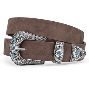 XZQTIVE Western Belt for Women, Cowgirl Cowboy Suede Leather Belt for Jeans Pants, Country Belts with Vintage Buckle Size: Fits Waist 45"-48"