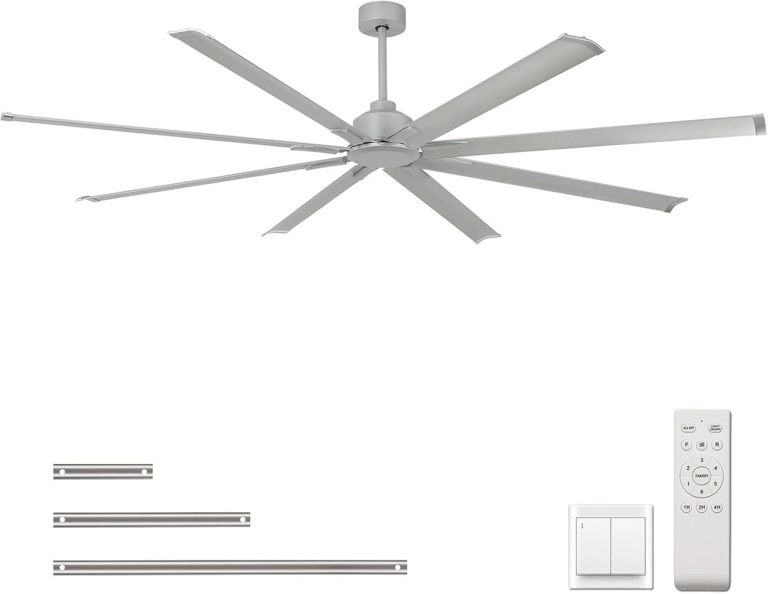 96 inch Large Industrial Ceiling Fan - DC Motor Shop Ceiling Fans with Remote Control Home or Commercial Ceiling Fan for Warehouse/Garage/Gym/Shop,6-Speed Silver No Light