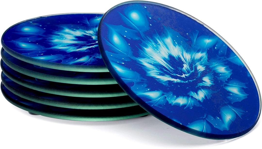 Set of 6 Round Drink Coasters, Blue Floral Design, Gift Boxed, Tempered Glass, Non Slip, Suit Indoor or Outdoor, Kitchen, Dining, Living
