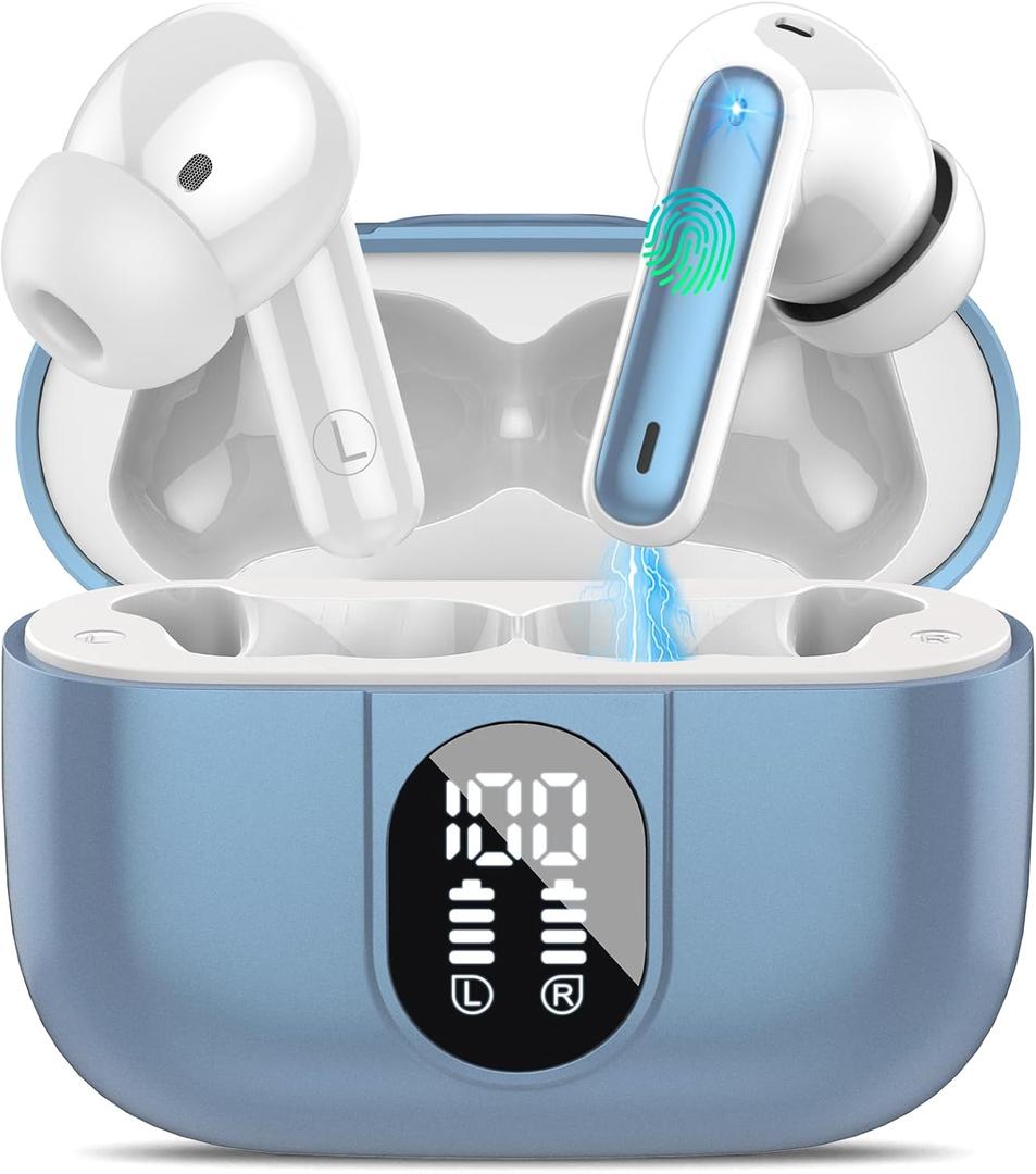 Wireless Earbuds 2024 Bluetooth 5.3 Headphones HiFi Stereo, 40H Playtime in-Ear Earbud, Bluetooth Earbuds with LED Power Display, IP7 Waterproof Wireless Earphones Sport Headset for Android iOS Sky Blue