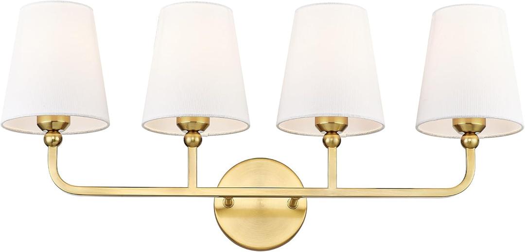 Bathroom Light Fixtures, 4 Light Brushed Gold Vanity Lights with Flared White Fabric Shade, 28 Inch Wall Sconce, Modern Sconces Wall Lighting for Hallway Bedroom, VL837-BG-4