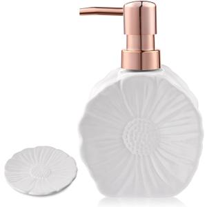 Ceramic Flower Soap Dispenser and Soap Dish Set, Marbled Elegant Bathroom Decor with Non-Slip Base, Modern Hand Wash Bottle & Soap Tray for Bathroom Sink Countertop, Kitchen, Spa (Flower White)