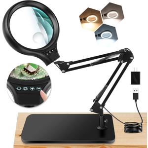 NZQXJXZ 10X 30X Large Magnifying Glass with Light and Stand, 5-inch LED Lighted Magnifier, 3 Color Modes Stepless Dimmable, Hands-Free Magnifying Glass Desk Lamp for Reading Craft Hobby Close Work