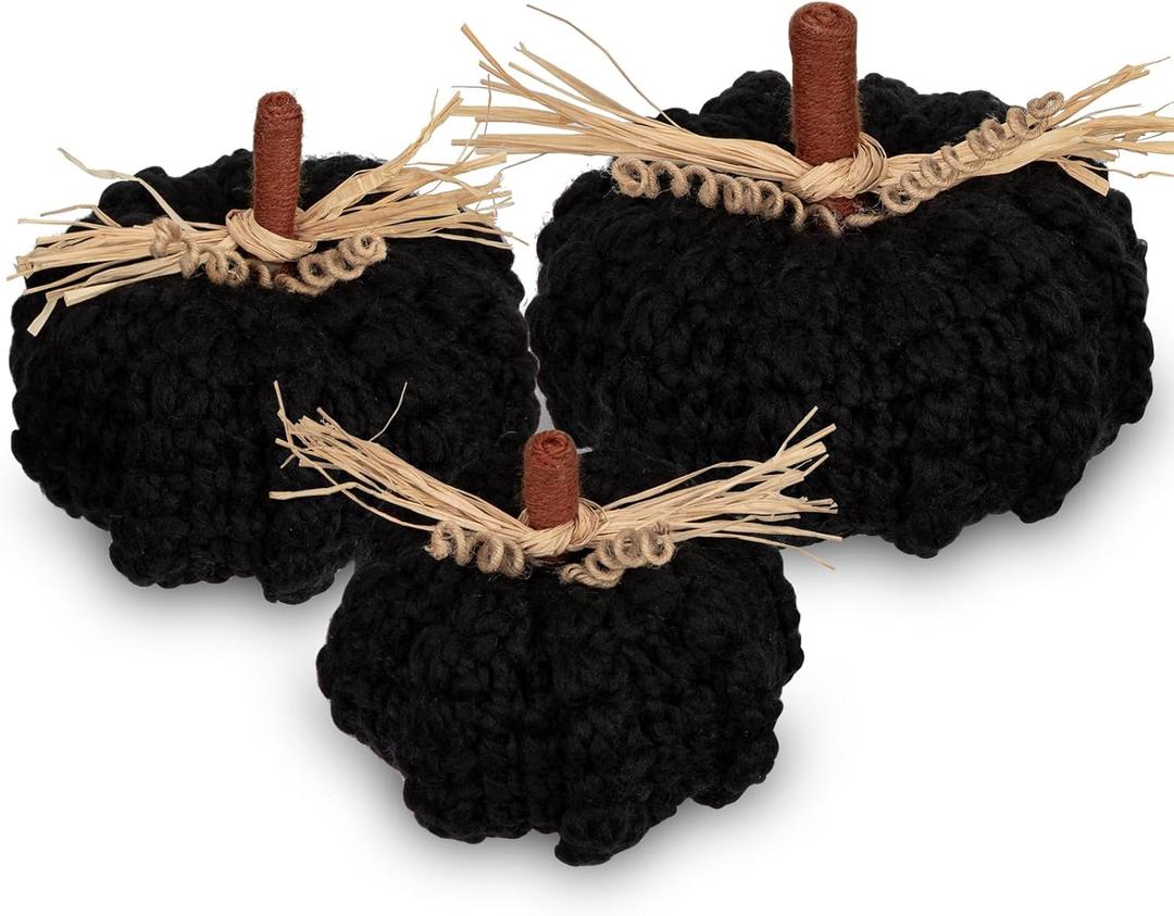 Briful Extra Large Black Yarn Fall Pumpkins, 3 Sizes Handmade Knitted Crocheted Pumpkins, Christmas Farmhouse Decor, Autumn Halloween Home Dcor, Dia.7in/6.3in/5.5in Artificial Pumpkins(3pcs)