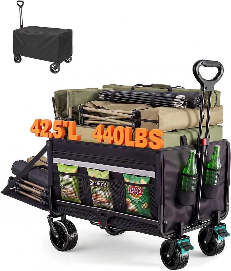 Collapsible Wagon 440lbs Load 42.5" Extra Long with Brake, Cover, Tailgate | 120L Plus Capacity, Heavy Duty, All Terrain, beach wagon, foldable wagon, Folding Wagon for Dogs, Sand, sport, Groceries