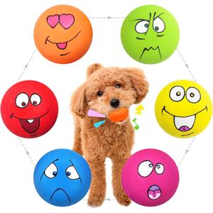 Guiwawa Dog Squeaky Toys Balls for Teething Puppies, Small, Medium Dogs, Latex Smiley Face Bouncy Cute Face Pet Dog Toys 6 Pcs/Set