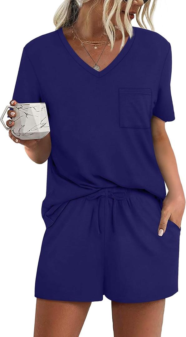 RUBZOOF Women's Short Sleeve Pajama Sets with Pockets Casual V Neck 2 Piece Lounge Sets S-3XL, Size L