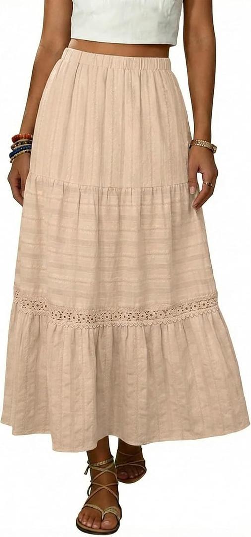 BLENCOT Women's Long Skirt Boho Crochet Lace Tiered High Waisted Cotton A-Line Flowy Maxi Skirt (S)