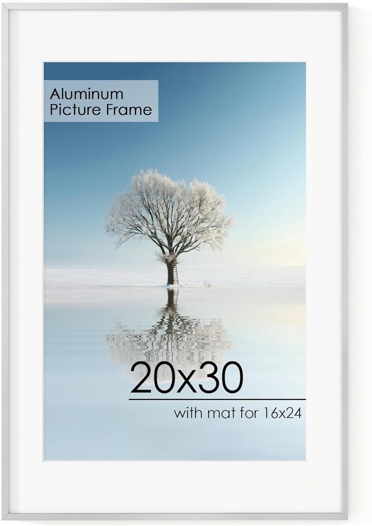 20x30 Metal Picture Frame for Wall With Mat for 16x24, 20''x30'' Aluminum Photo Frames With Tempered Glass for Home Decor, Minimalist Modern Poster Frame Horizontal And Vertical Formats, Silver (20''x30''-1P Real Glass)