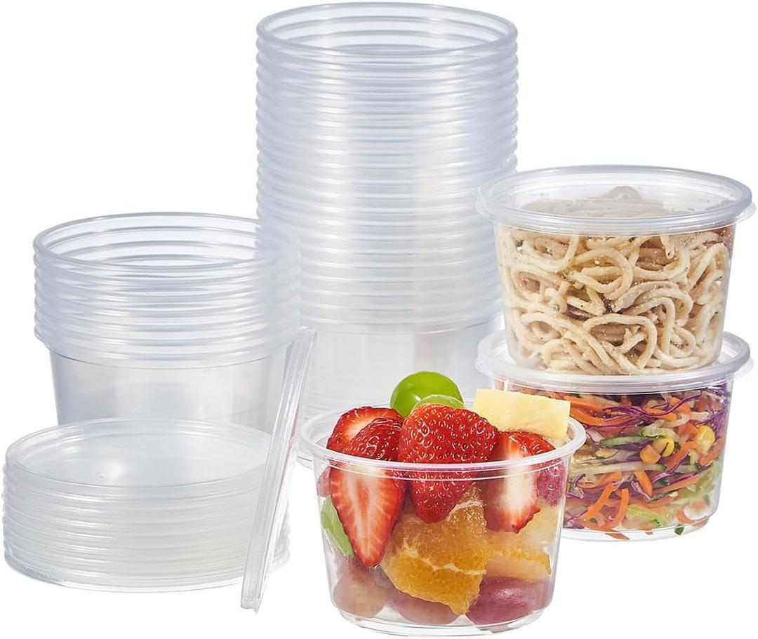 FULING [50 Set - 16 oz. Plastic Deli Disposable Food Storage Containers With Airtight Lids
