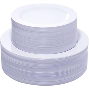 KIRE 120PCS White Plastic Plates - Heavy Duty White Disposable Plates for Party/Wedding - Include 60Pieces 10.25inch Dinner Plates - 60Pieces 7.5inch Dessert/Salad Plates