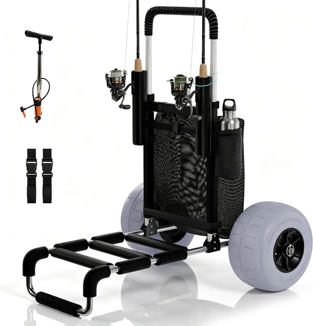 PYY Beach Fishing Cart - 220LBS Foldable Aluminum Beach Wagon Trolley with 13" Balloon Wheels, 23" x 15" Cargo Deck, Fishing Rod Holders, 30" to 40" Adjustable Handle, Heavy Duty Cart for Beach