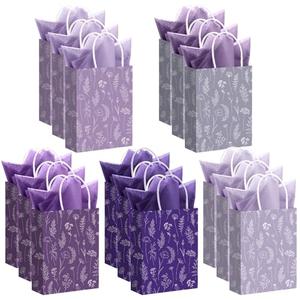 Kolldenn 100 Pcs Small Mothers Day Gift Bags Bulk with Tissue Paper Floral Thank You Gift Bags with Handle for Women Wedding Baby Showers Birthday Party Favor (Purple,8.27 x 5.91 x 3.15 Inch)