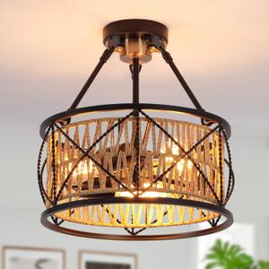 3-Light Hand Woven Boho Ceiling Light, Farmhouse Industrial Dual Round Semi Flush Mount Chandelier, Black Gold Rattan Pendant Light for Dining Room Kitchen Bedroom Living Room Foyer Coastal, Black Gold