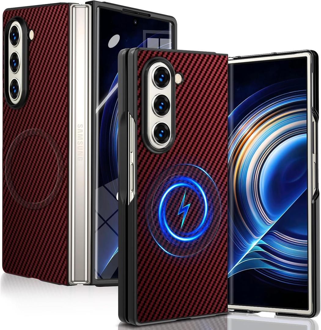 Magnetic for Samsung Galaxy Z Fold6 Case with Carbon Fiber Texture Design,Wireless Charging [PC] Military-Grade Shockproof case Cover for Z Fold 6[Red] MUS-TQCX-04-02